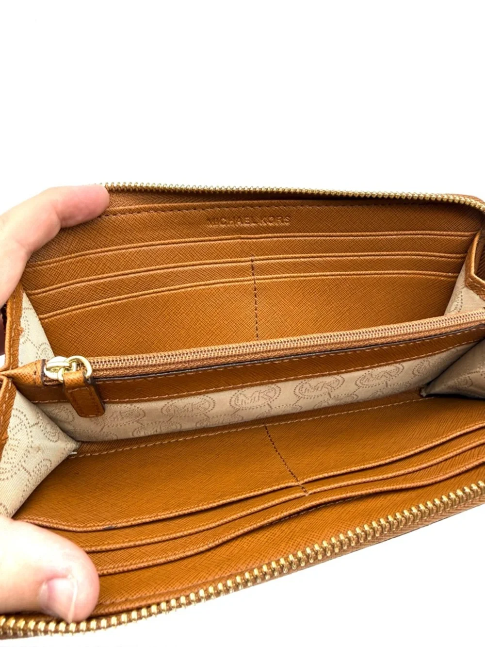 Michael Kors Jet Set Saffiano Zip Around Wallet Brown and Gold
